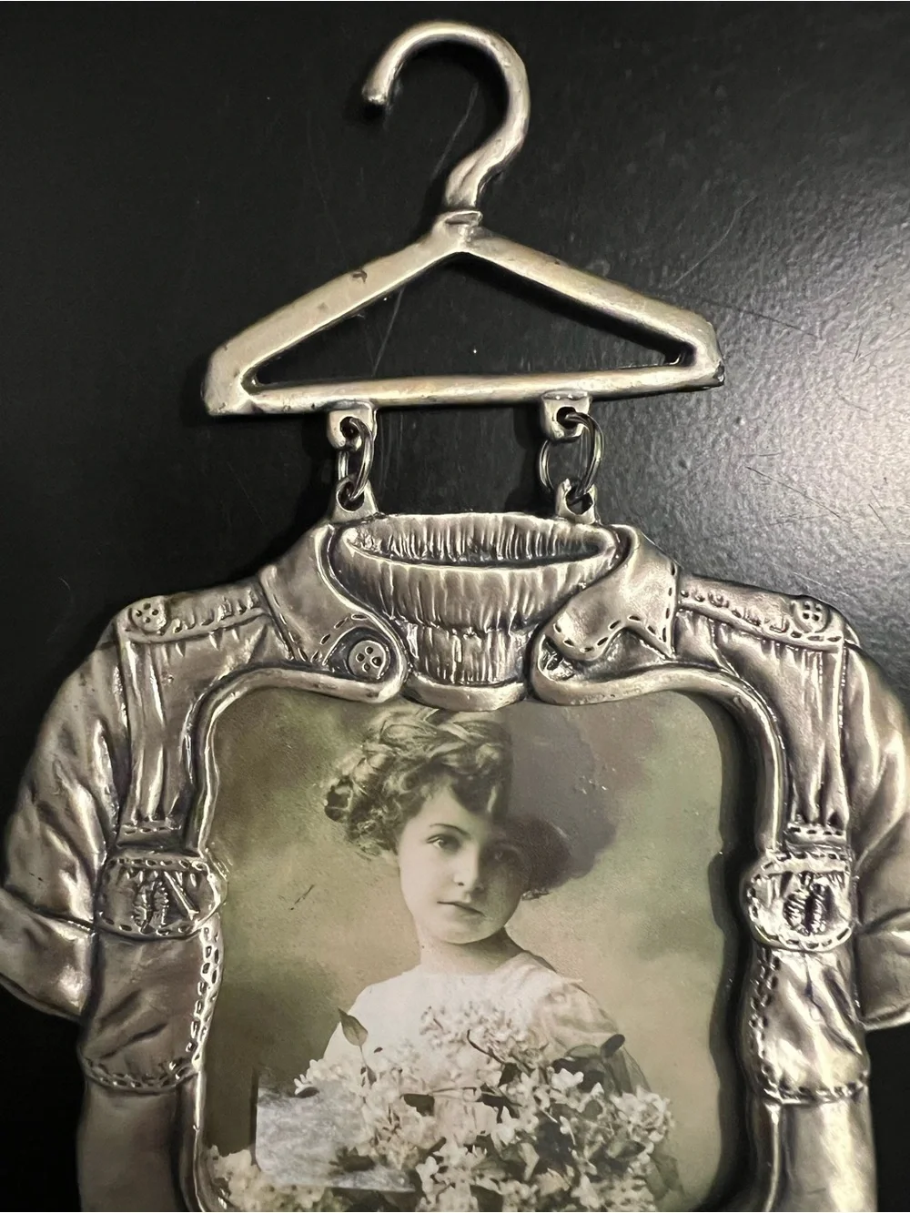 Metal Double Frame Wall Hanging in Silver with Vintage Portraits